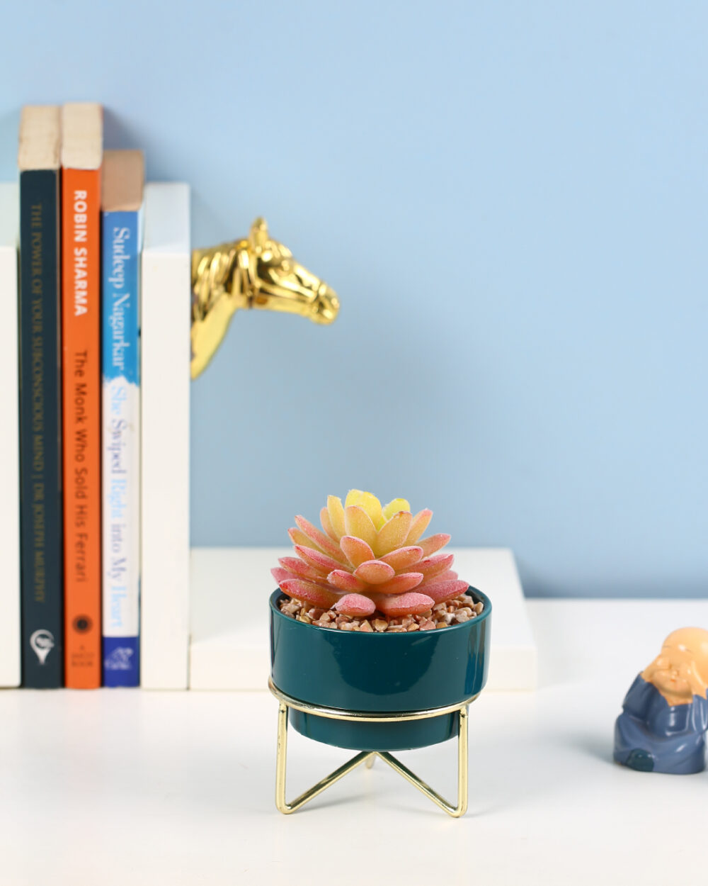 Fourwalls Artificial Succulent Plant with Ceramic Pot and Metal Stand (11.5 cm Tall)