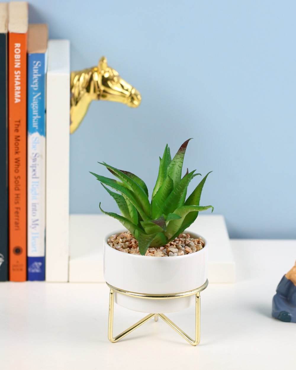 Fourwalls Artificial Succulent Plant with Ceramic Pot and Metal Stand (14 cm Tall)