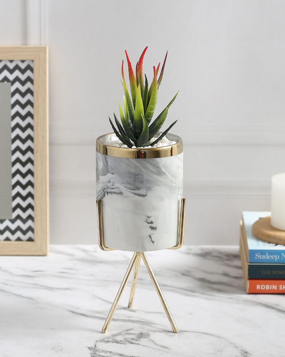 Fourwalls Elegant Succulent Plant with Metal Tripod Stand (26 cm Tall)