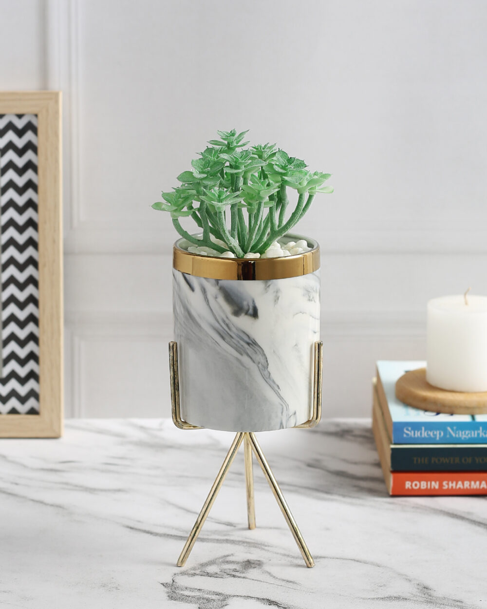 Fourwalls Elegant Succulent Plant with Metal Tripod Stand (23 cm Tall)