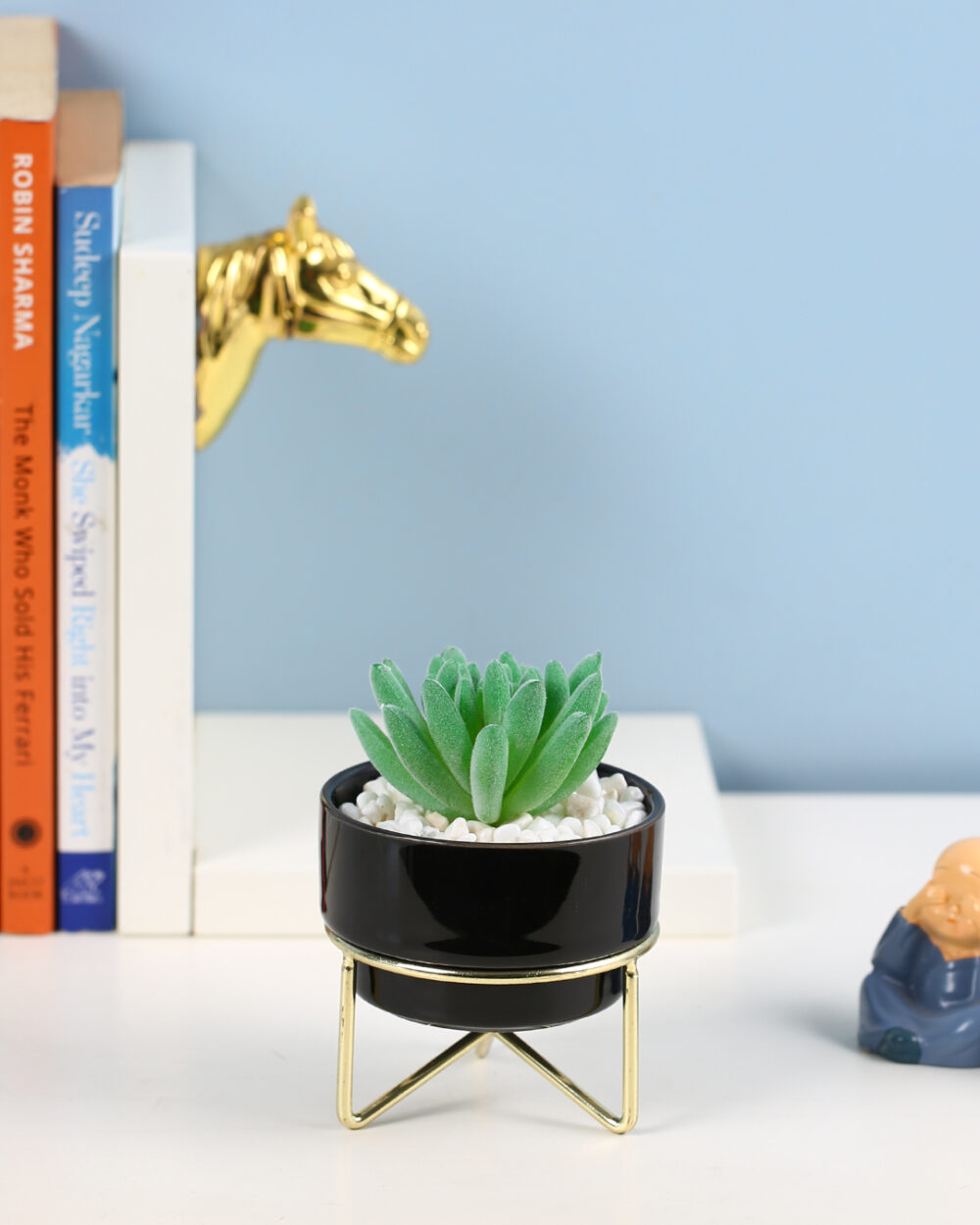 Fourwalls Artificial Succulent Plant with a Metal Stand (11.5 cm Tall)