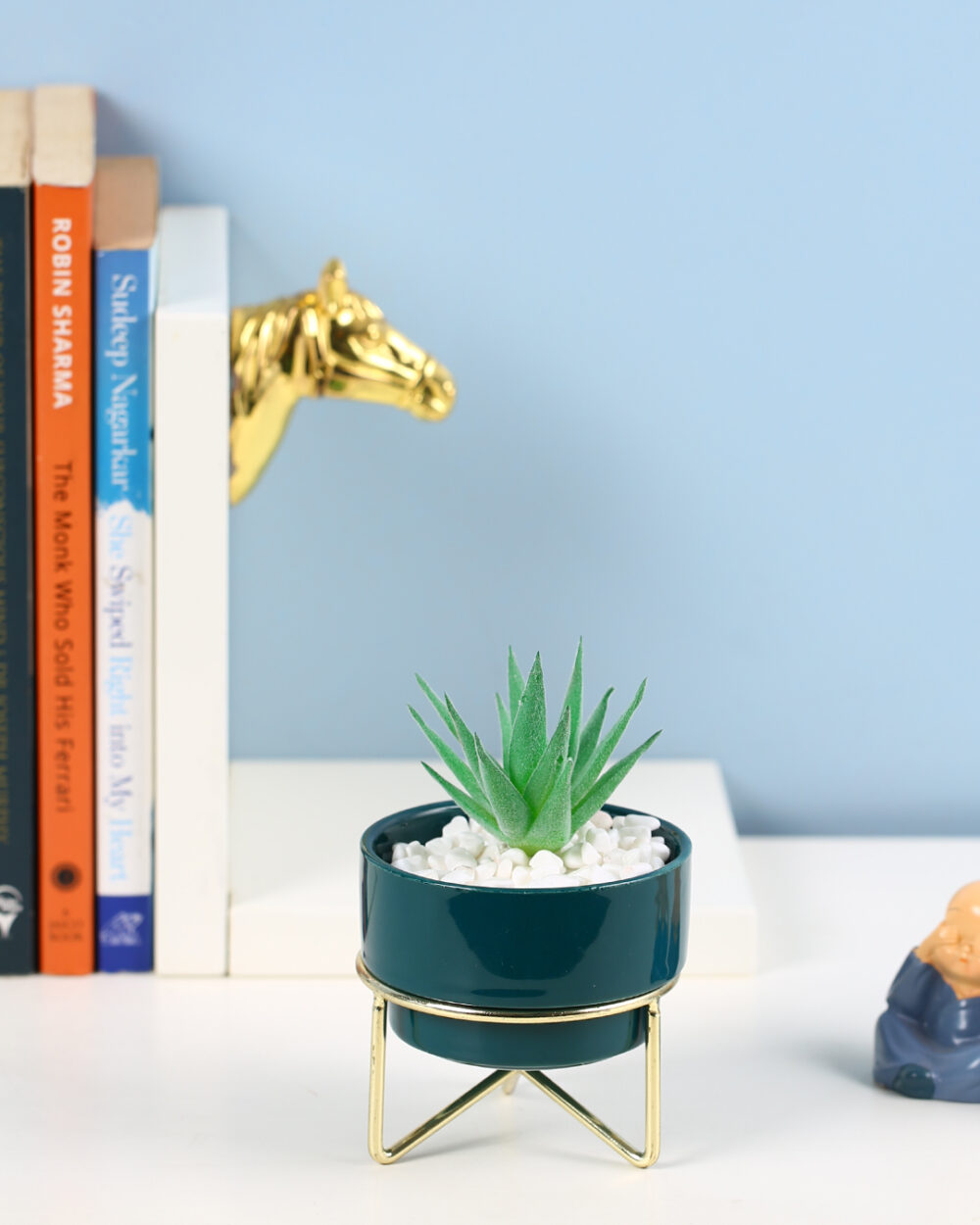 Fourwalls Artificial Succulent Plant with a Metal Stand (12.5 cm Tall)