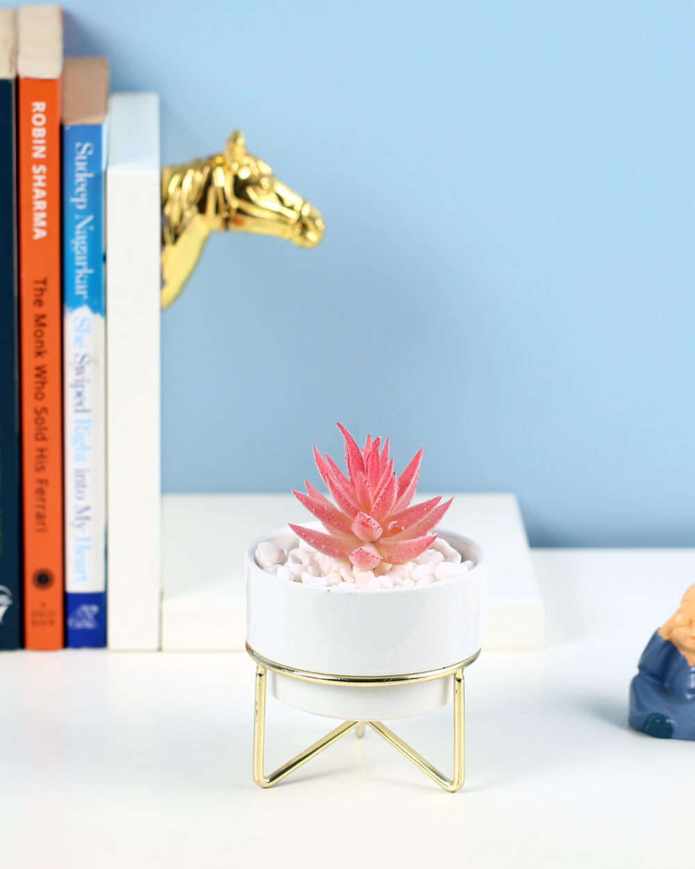 Fourwalls Artificial Succulent Plant with a Metal Stand (12.5 cm Tall)