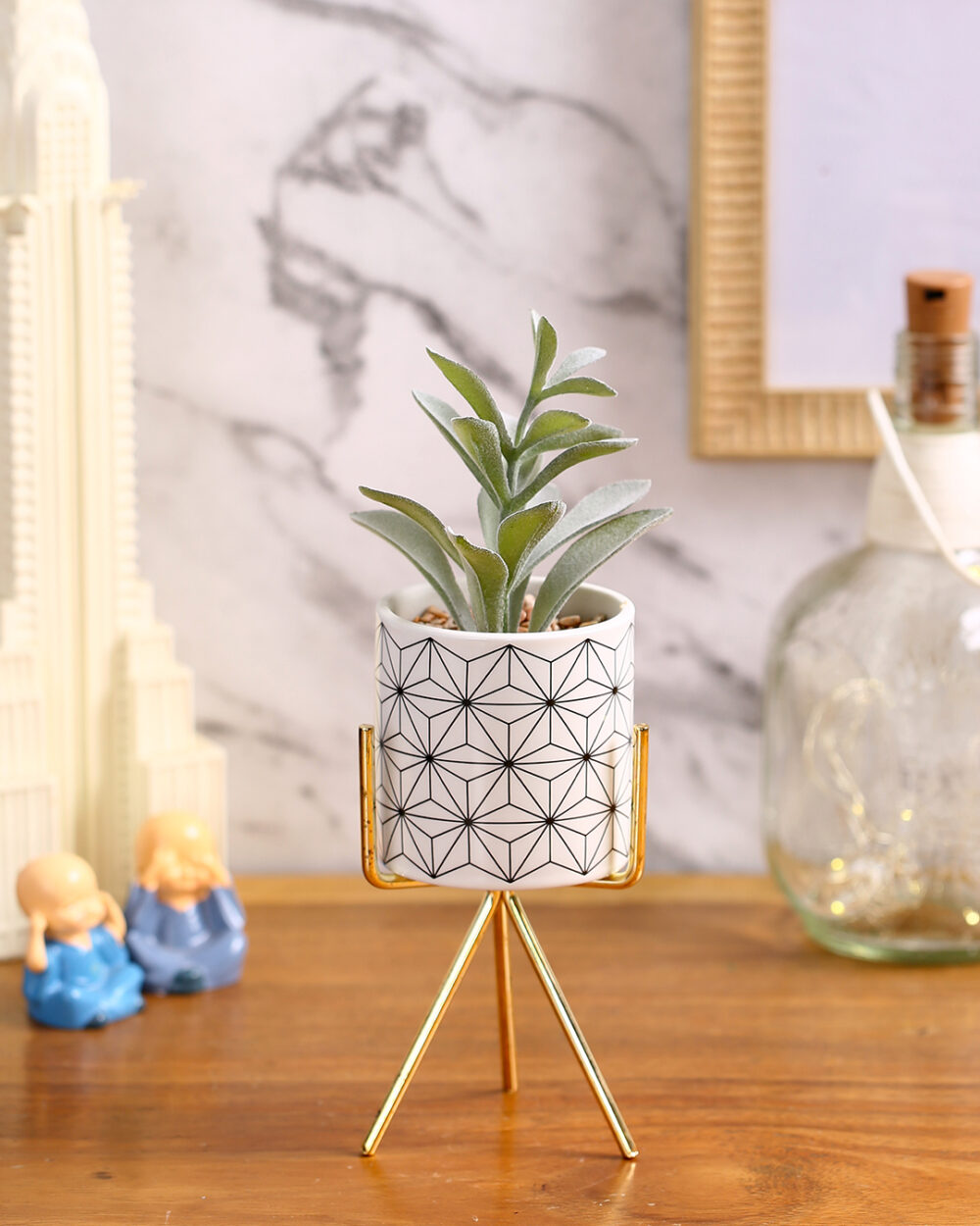 Fourwalls Elegant Succulent Plant with Metal Tripod Stand (23.5 cm Tall)