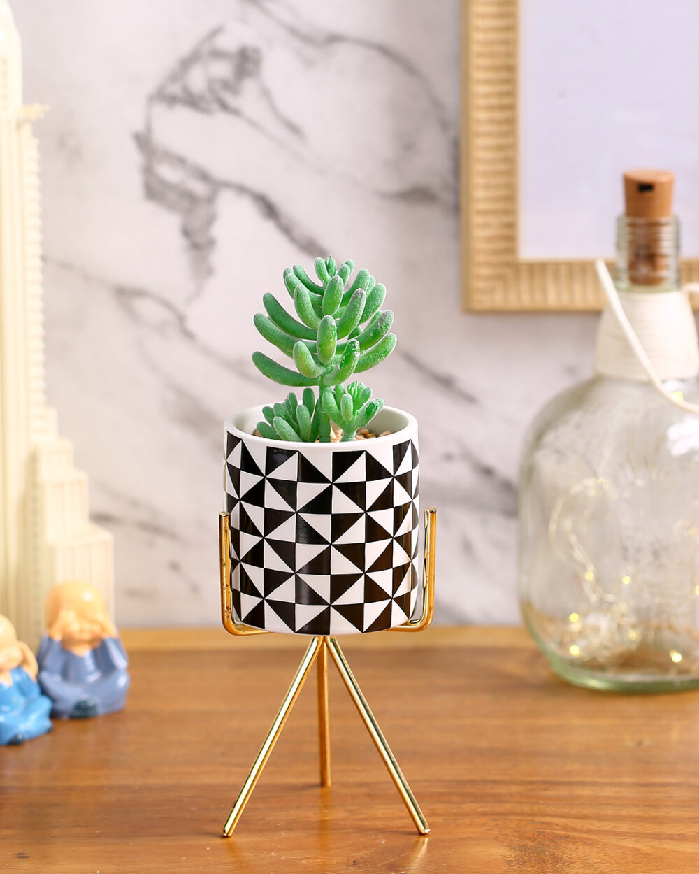 Fourwalls Elegant Succulent Plant with Metal Tripod Stand (21.5 cm Tall)