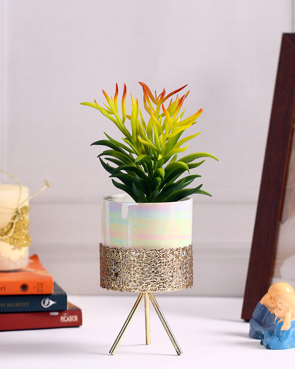 Fourwalls Artificial Succulent Plant with Ceramic Pot and Metal Stand (25.5 cm Tall)