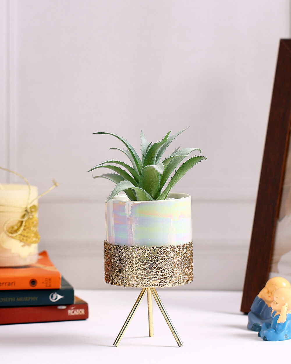 Fourwalls Artificial Succulent Plant with Ceramic Pot and Metal Stand (24 cm Tall)