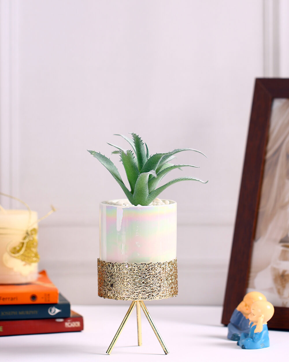 Fourwalls Artificial Succulent Plant with a Ceramic Pot and Metal Stand (25 cm Tall)