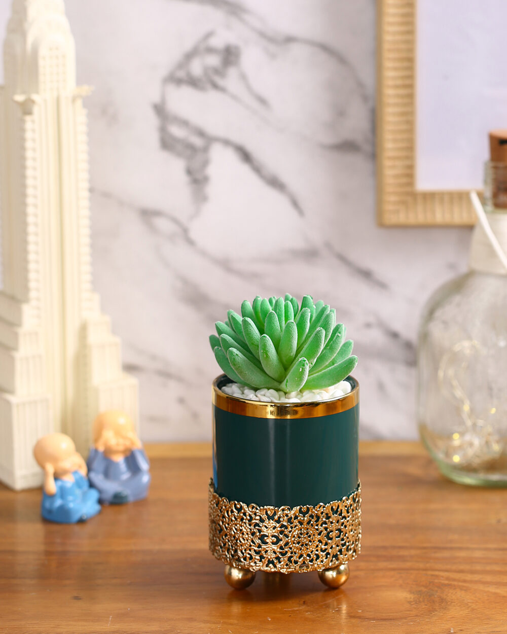 Fourwalls Faux Succulent Plant with Golden Stand (15.5 cm Tall)