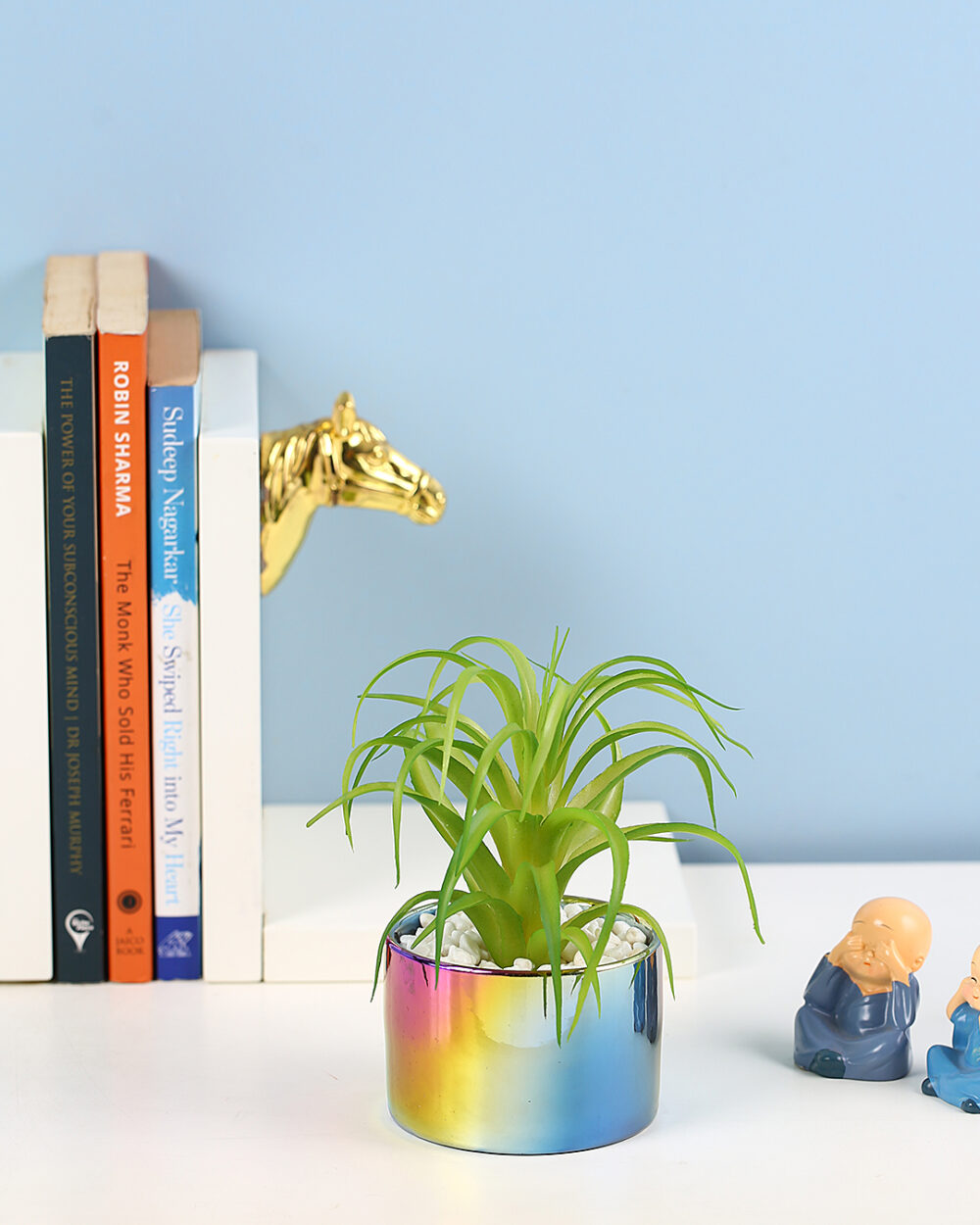 Fourwalls Faux Succulent Plant in Rainbow Ceramic Pot (15 cm Tall)