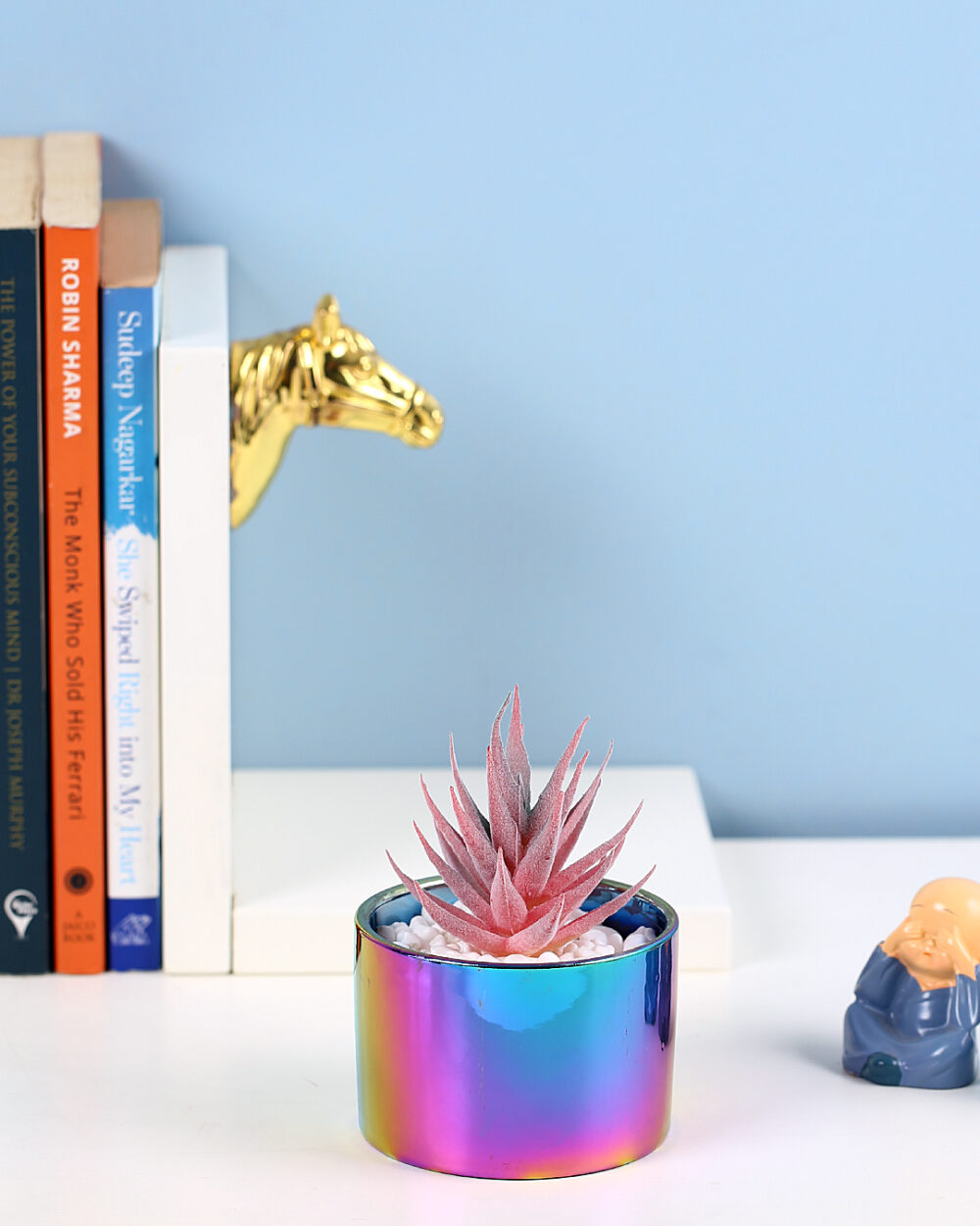 Fourwalls Faux Succulent Plant in Rainbow Ceramic Pot (11 cm Tall)