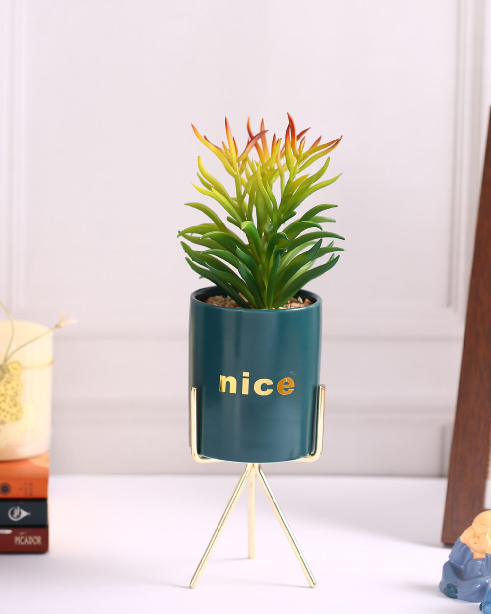 Fourwalls Elegant Succulent Plant with Metal Tripod Stand (28.5 cm Tall)