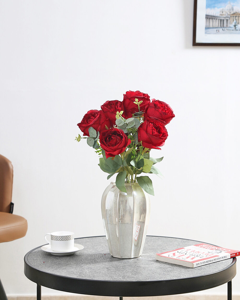 Fourwalls Premium Rose Flower Bunch for Home Decor (44 cm Tall, 6 Heads, Red)