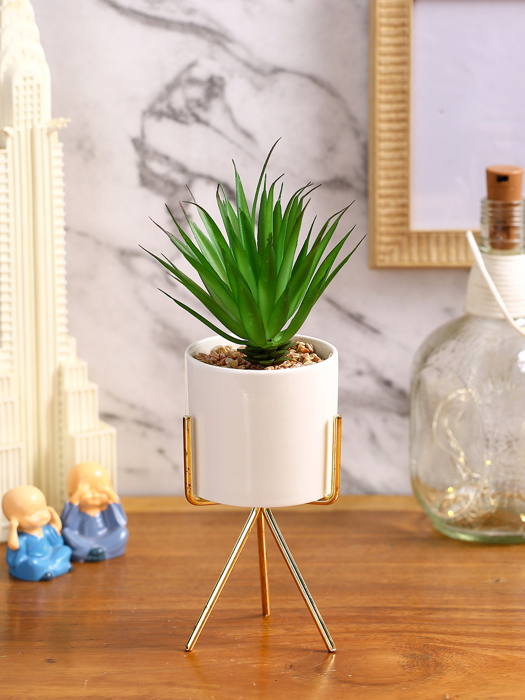 Fourwalls Elegant Succulent Plant with Metal Tripod Stand (24 cm Tall)