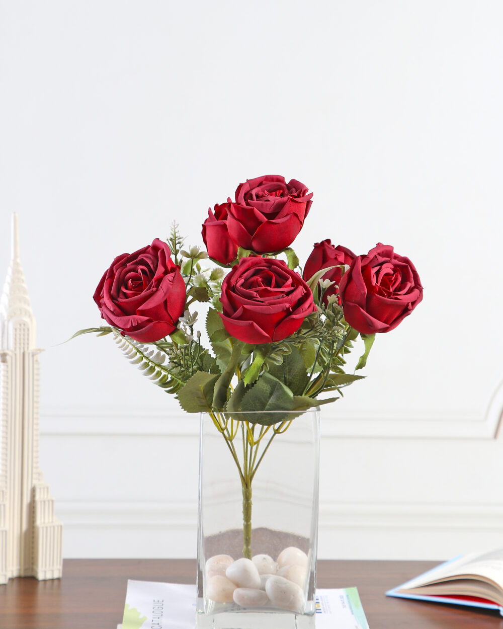 Artificial Camellia Rose Flower Bunch - Red