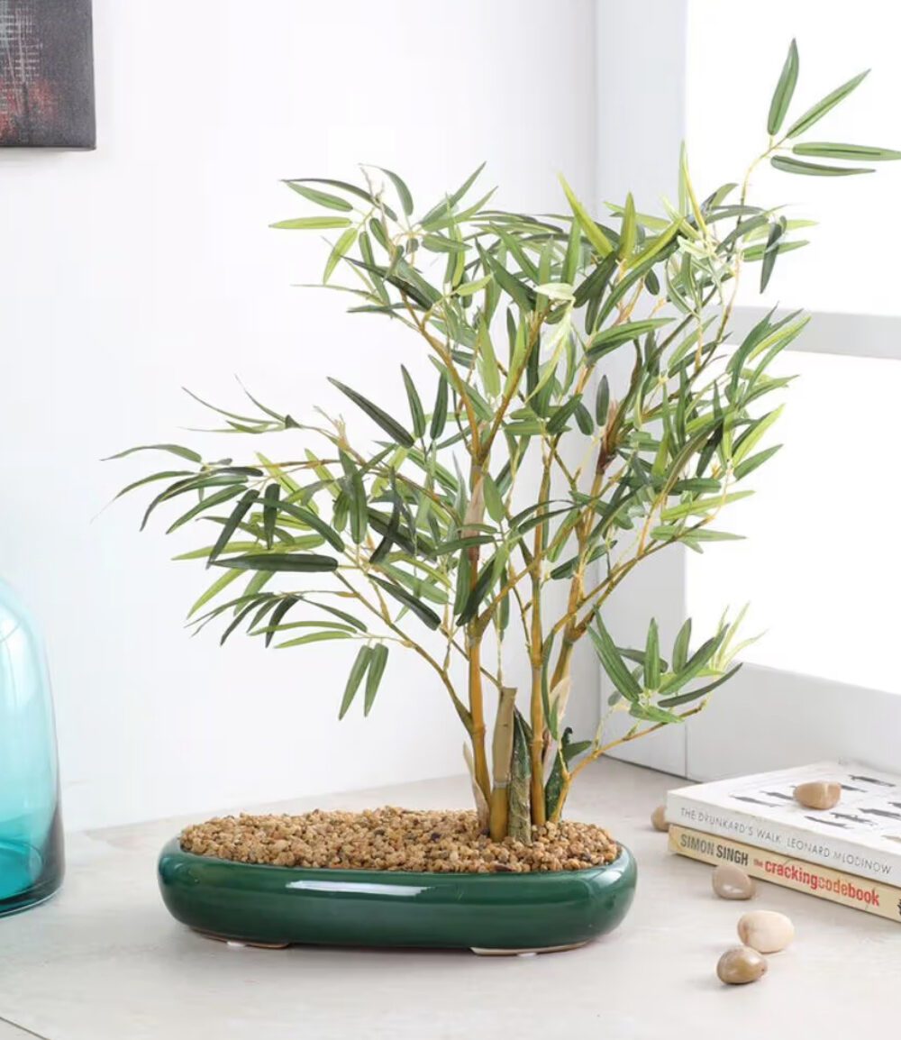 Fourwalls Artificial Bamboo Bonsai Plant in a Ceramic Pot for Home and Office Decor (47 cm Tall, Green)