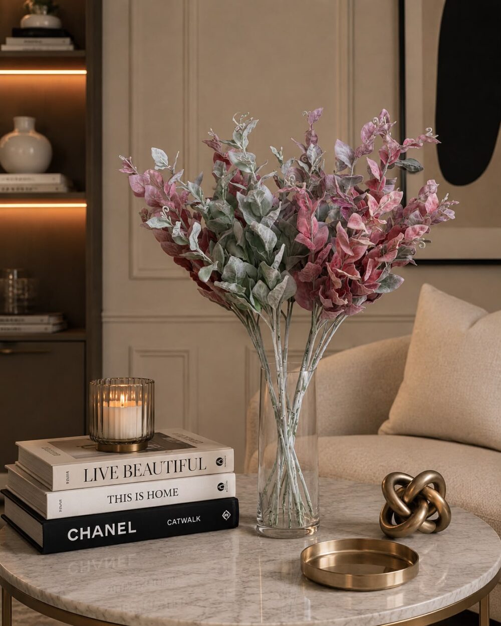 Artificial Frosted Long Leaves Arrangement with Glass Vase - 60 cm (Set of - 9)