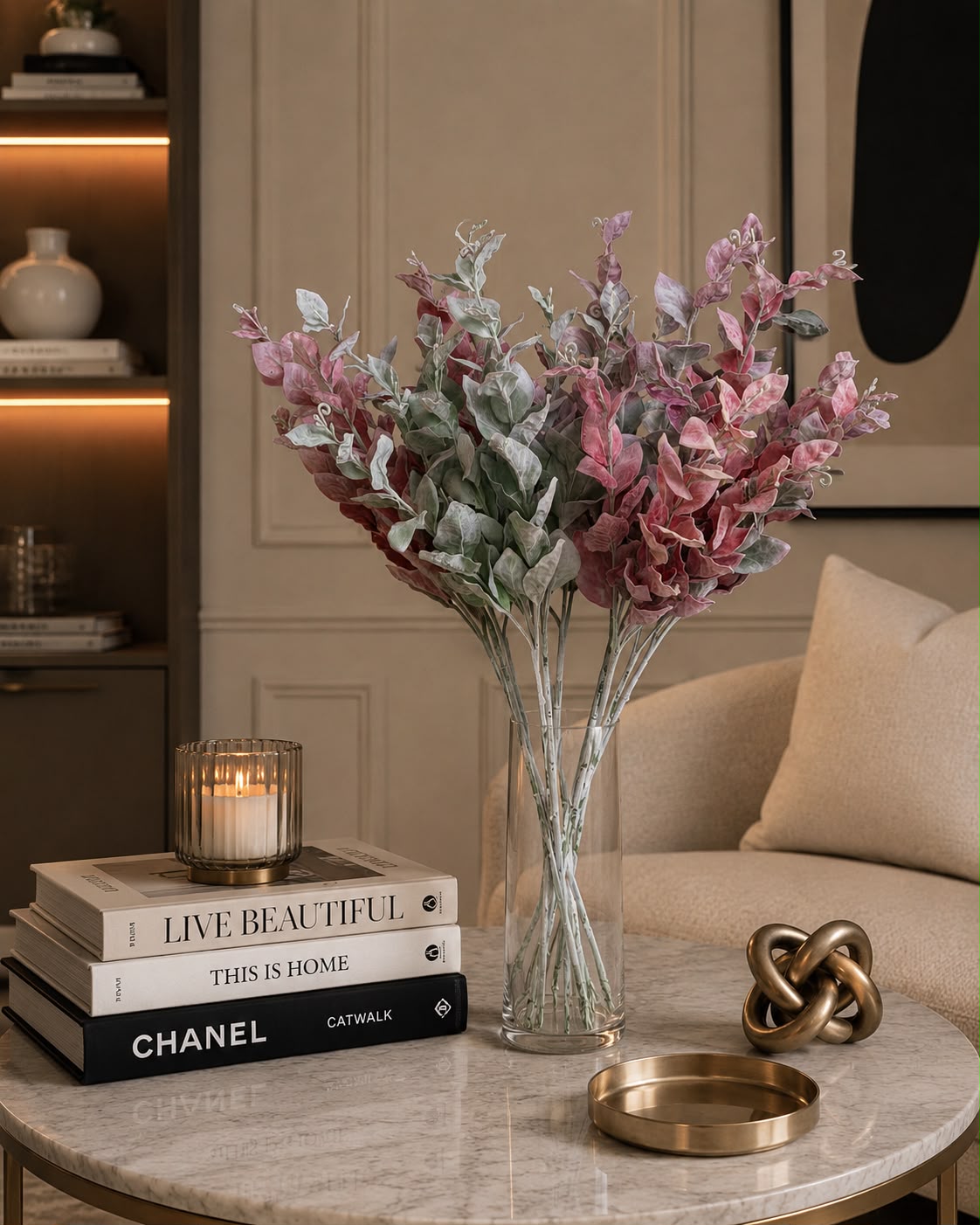Artificial Frosted Long Leaves Arrangement with Glass Vase - 60 cm (Set of - 9)