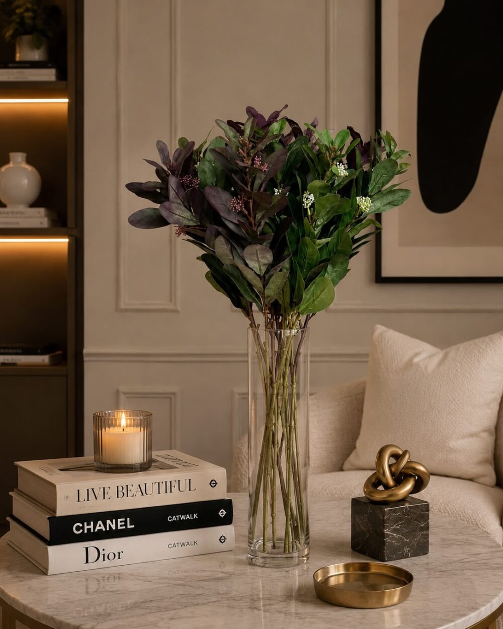 Artificial Filler Leaves Arrangement with Glass Vase - 70 cm (Set of - 12)