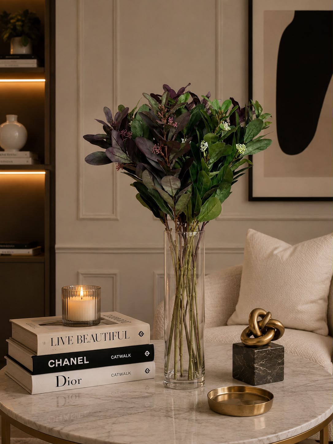Artificial Filler Leaves Arrangement with Glass Vase - 70 cm (Set of - 12)