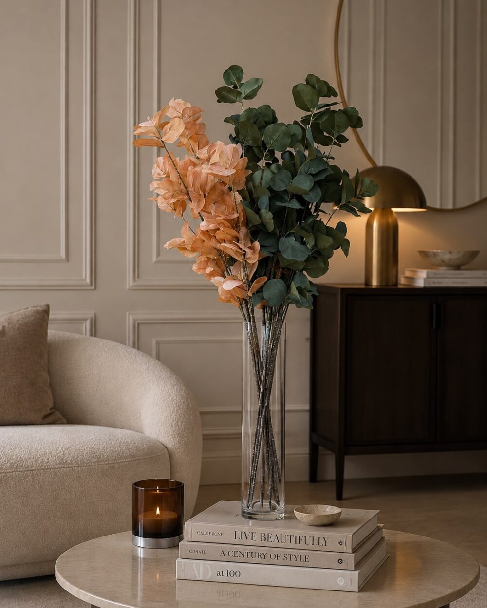 Artificial Ginkgo Spray Arrangement with Glass Vase - 120 cm (Set of - 6)