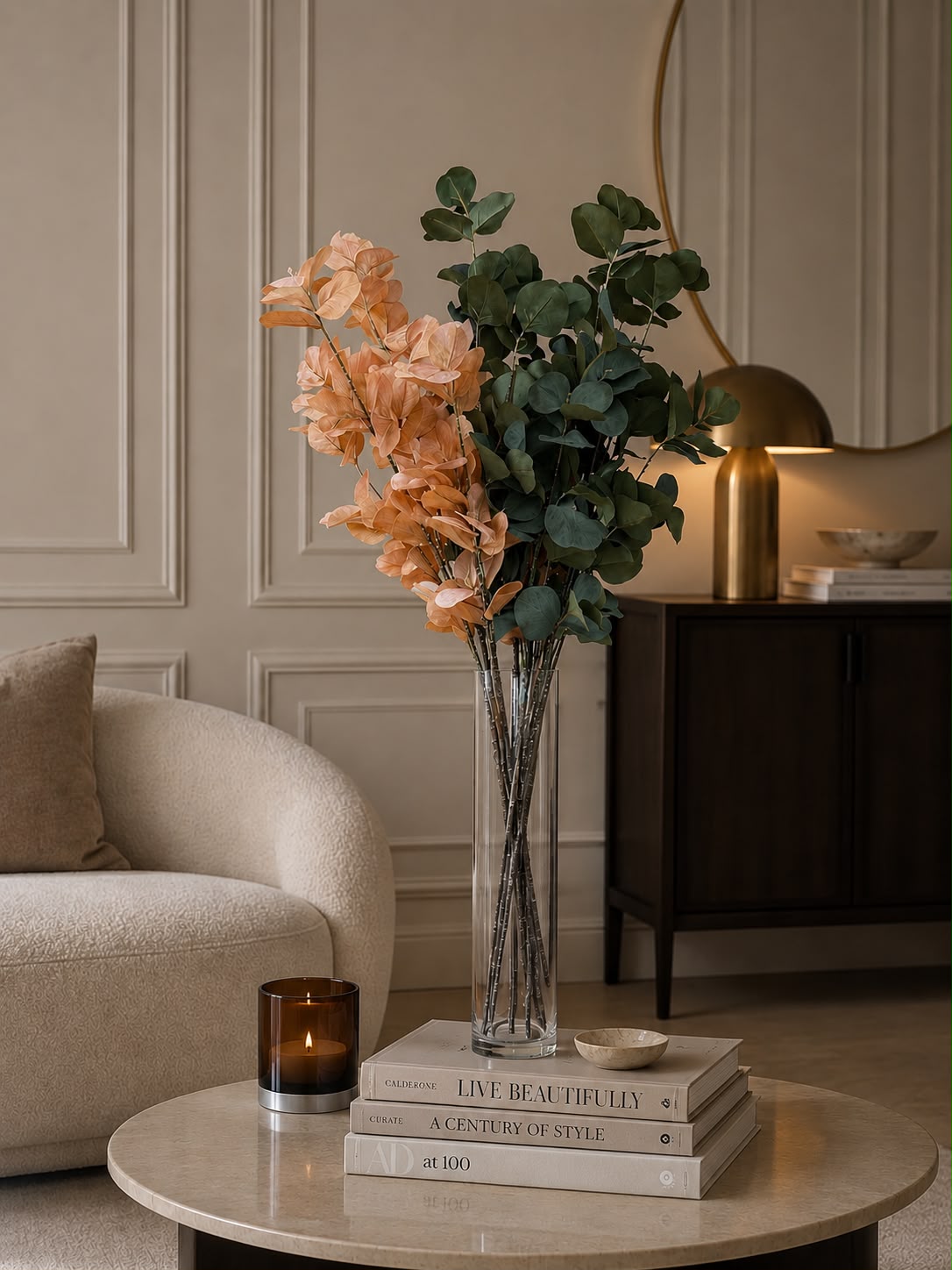 Artificial Ginkgo Spray Arrangement with Glass Vase - 120 cm (Set of - 6)