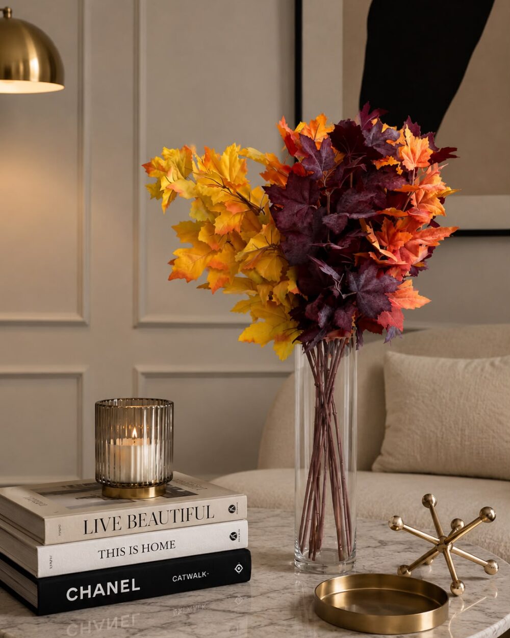 Artificial Maple Spray Arrangement with Glass Vase - 70 cm (Set of - 12)