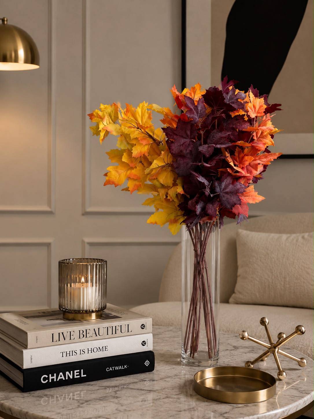 Artificial Maple Spray Arrangement with Glass Vase - 70 cm (Set of - 12)