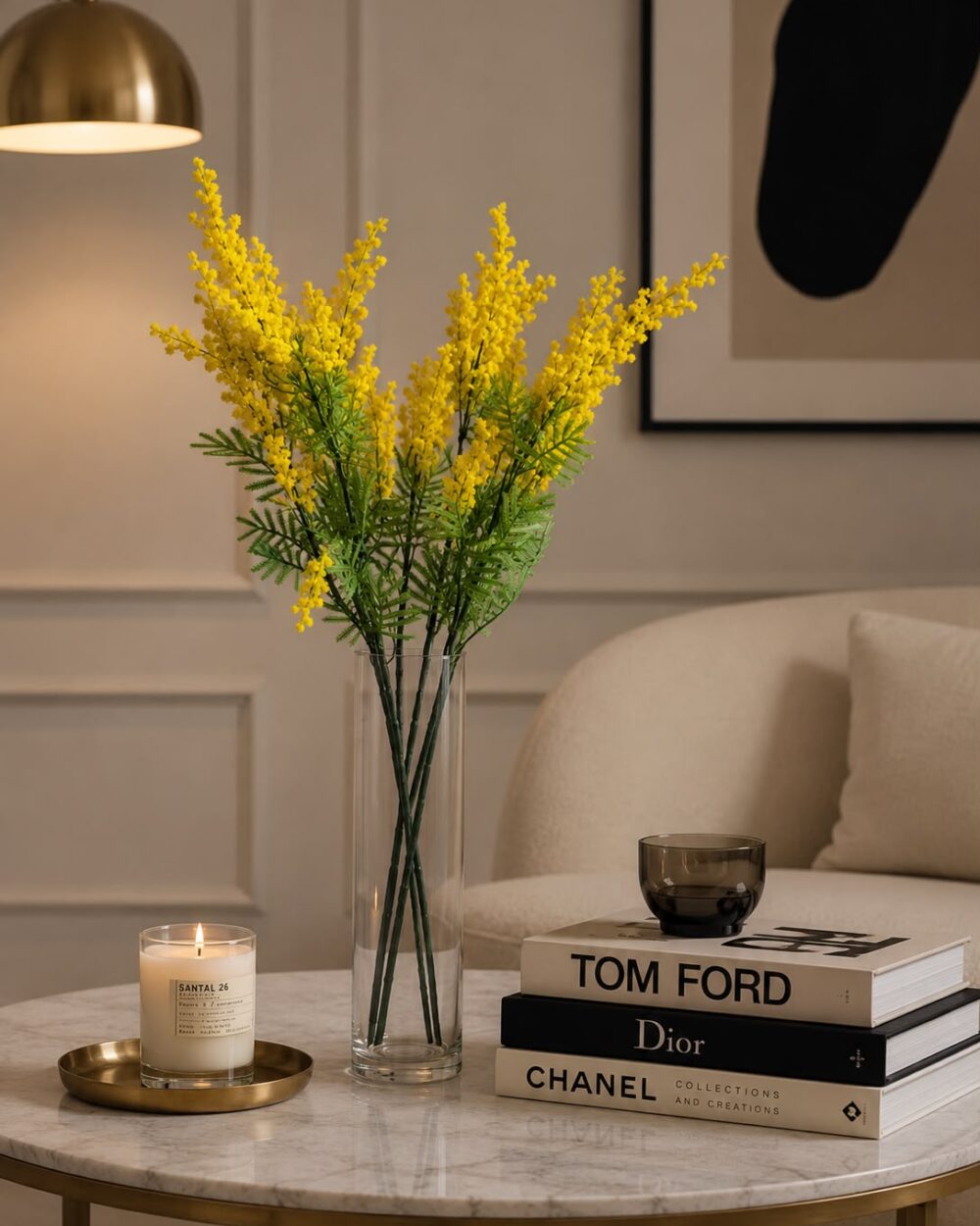 Artificial Mimosa Spray Arrangement with Glass Vase - 85 cm (Set of - 4)