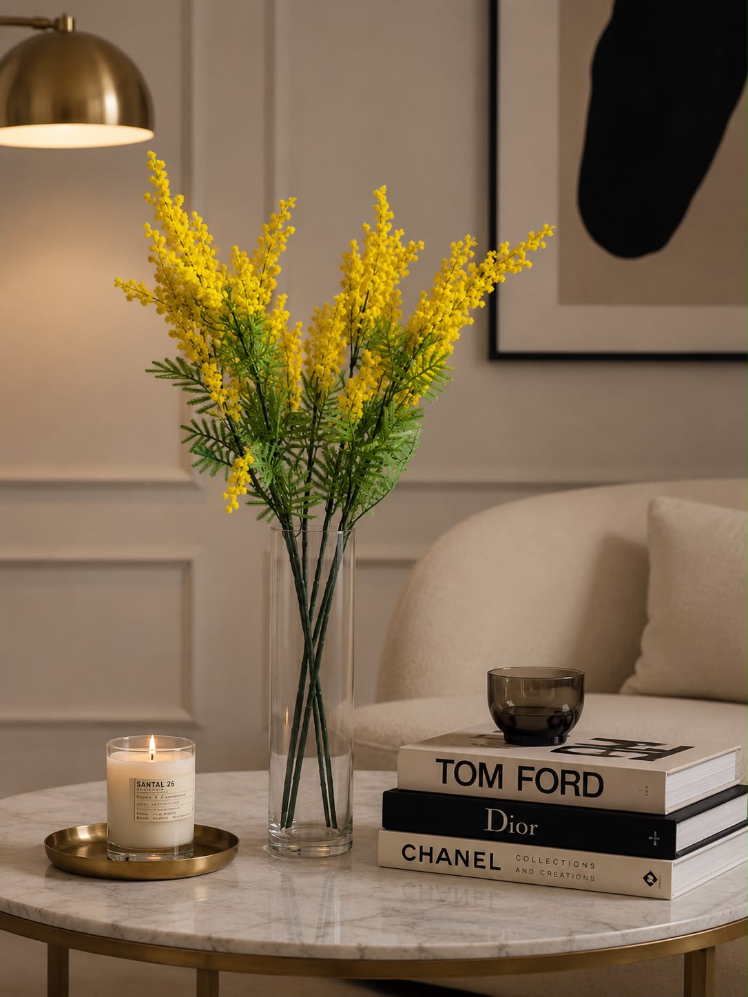 Artificial Mimosa Spray Arrangement with Glass Vase - 85 cm (Set of - 4)