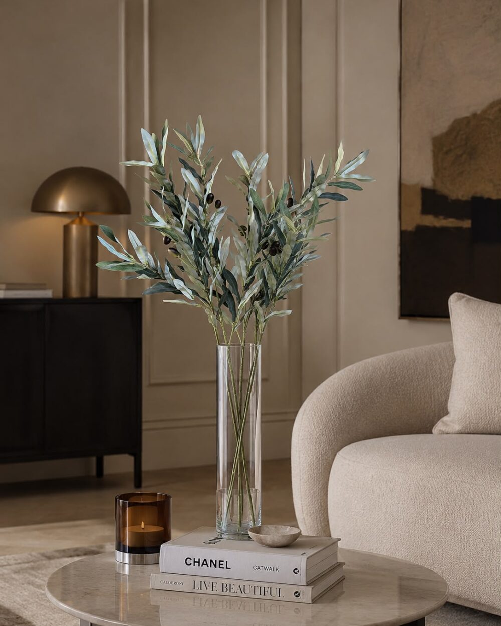 Artificial Olive Spray Arrangement with Glass Vase - 90 cm (Set of - 4)