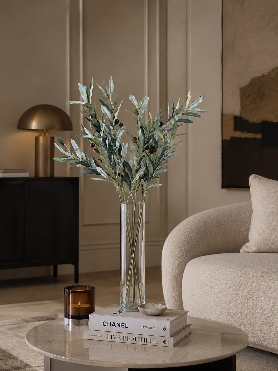 Artificial Olive Spray Arrangement with Glass Vase - 90 cm (Set of - 4)