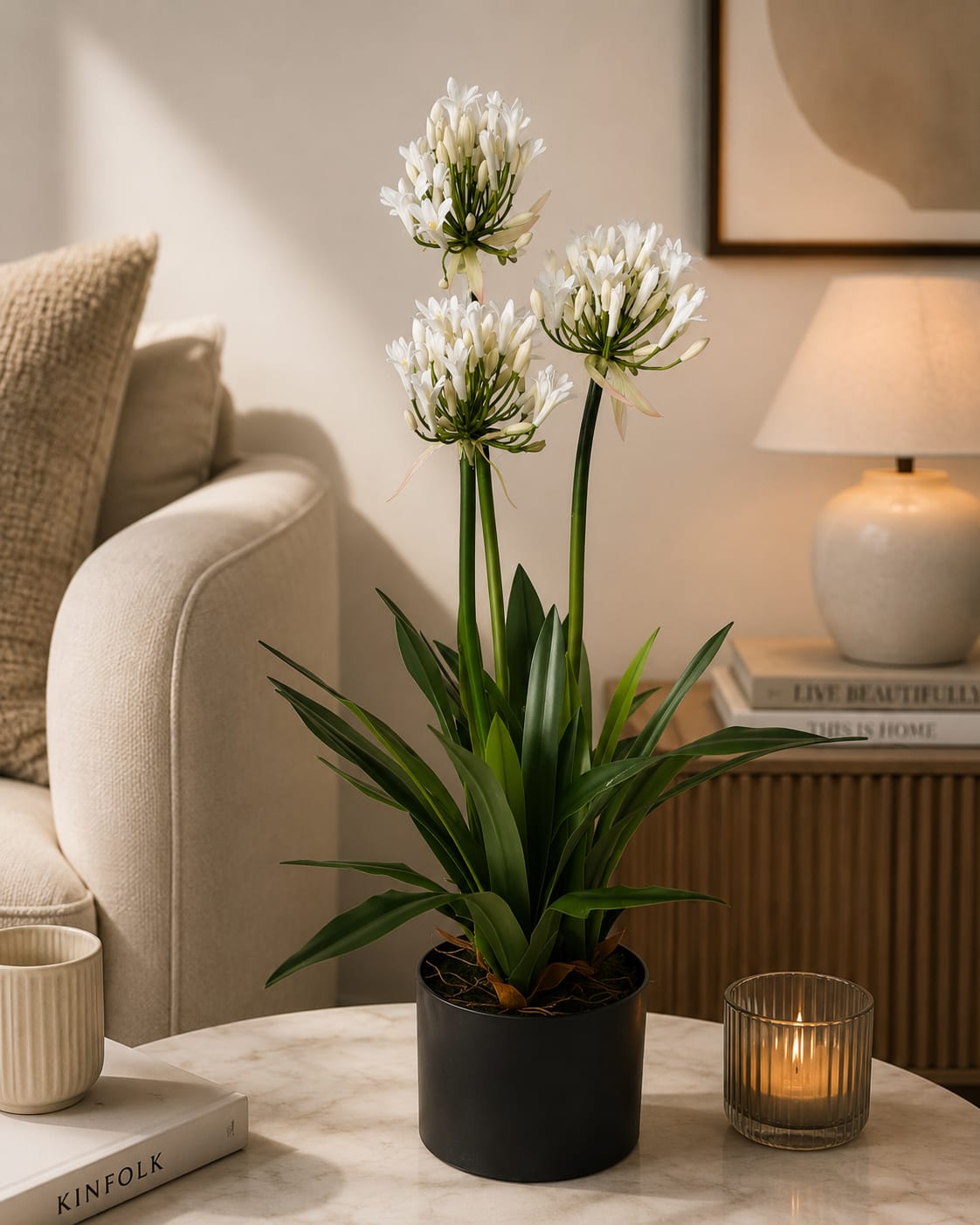 Artificial Agapanthus Plant with Pot – 75 CM Tall (White)