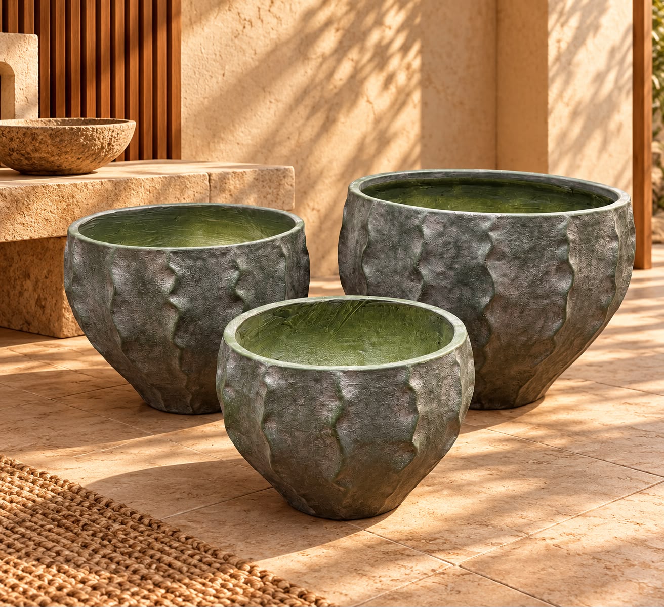 Premium Wave Texture Planter Set of 3 (Green) by FOURWALLS